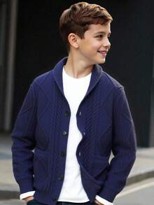 SHEIN 青少年男童休闲学院风开衫毛衣 男童 童装 男童 青少年 秋冬 - 寶藍色 - 查看 5