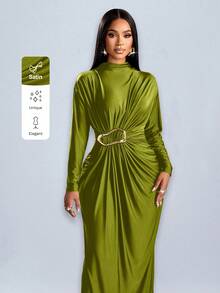 SOLERSUN Đầm ôm body dài tay trang trí kim loại màu trơn thanh lịch cho nữ trang phục dự tiệc cưới lãng mạn, tiệc tốt nghiệp, tiệc vũ hội - Màu xanh Ô liu - Xem 1