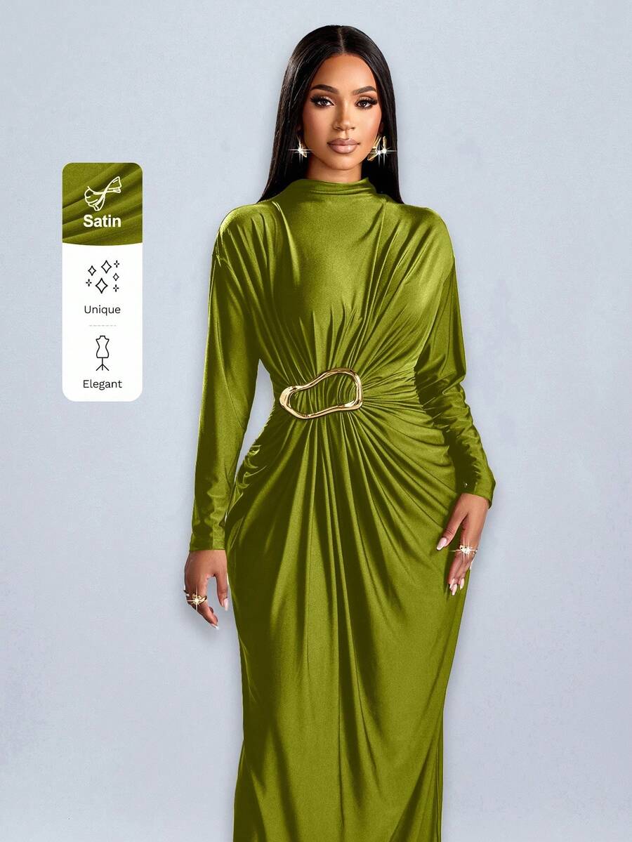 SOLERSUN Đầm ôm body dài tay trang trí kim loại màu trơn thanh lịch cho nữ trang phục dự tiệc cưới lãng mạn, tiệc tốt nghiệp, tiệc vũ hội - Màu xanh Ô liu - Xem 1