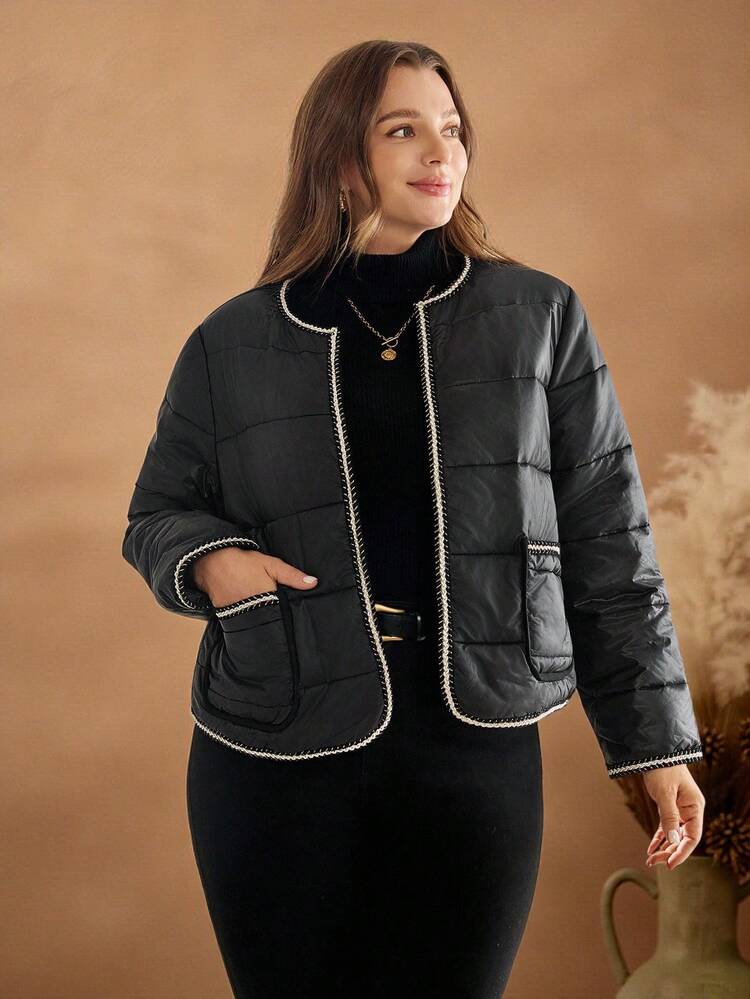Plus Size Contrast Trim Pocket Casual Everyday Padded Coat Black Quilted Jacket Jacket With Trim Plus Size Black Quilted Jacket Autumn/Winter,2025 New