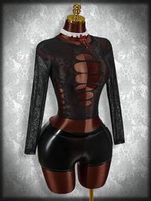 SHEIN ICON Short See Through Long Sleeve Top - Black - View 4