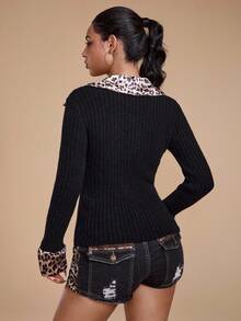 ROMWE Grunge Punk Y2K Vintage Sexy Leopard Print Patchwork Collared Knit Cardigan For Women - Black - View 6