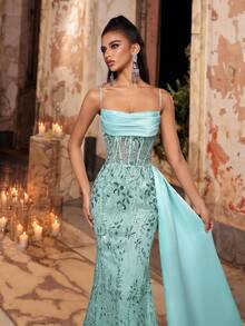 Glamrae Elegant Luxurious Beaded Embroidered Lace Sequin Floral Patchwork Satin Mermaid Skirt With Side Slit, Suitable For Wedding, Party, Prom, Vacation, Banquet (Heavy Embellishment) - Green - View 6