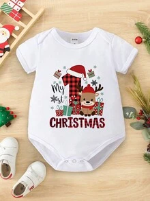 SHEIN Playful Pals Christmas Newborn Baby Boy Fashionable Creative Cartoon Cute Reindeer Red & Black Plaid Numeral Graphic Funny Slogan Print Round Neck Short Sleeve Bodysuit, Suitable For All Seasons - White - View 4