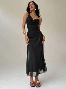 Aloruh 浪漫不对称露背系带中长连衣裙，带网眼覆盖层，粉色和紫色 - 黑色 - 查看 3