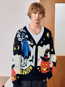 Manfinity Roghcode Men's Pumpkin & Letter Pattern Long Sleeve Single-Breasted Casual Knit Cardigan, For Halloween , Fall Winter - Multicolor - View 5