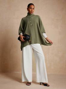 Lyxana Women's Solid Color High Collar Button Elegant Poncho Sweater - Army Green - View 5