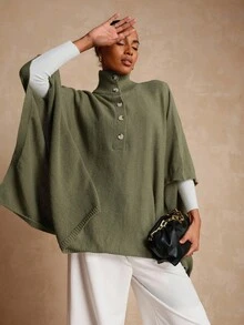 Lyxana Women's Solid Color High Collar Button Elegant Poncho Sweater - Army Green - View 6