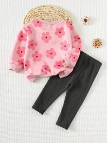 Cozy Pixies Set de 2 piezas de sudadera con cuello redondo de punto suave con mangas raglán y estampado floral y leggings de cintura elástica para niña bebé - Rosa - Ver 2