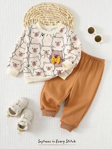 Cozy Pixies 2pcs Baby Boy Capybara Pattern Knit Soft Crew Neck Long Sleeve Pullover Sweatshirt And Elastic Waist Jogger Pants Set - Brown - View 6