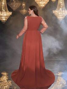 Glamrae Plus Size Elegant Romantic Withered Rose Color Square Neck Long Sleeve Sheer Luxury Rhinestone Bubble Ruffle Decor Mermaid Hem Embellished Formal Evening Gown - Rusty Rose - View 4