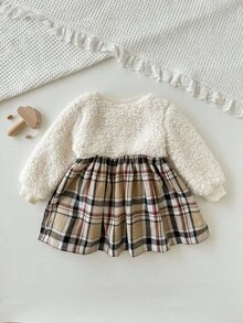 Cozy Pixies 女宝宝卡通猫咪图案圆领长袖收腰蓬松格子拼接连衣裙 - 卡其色 - 查看 2