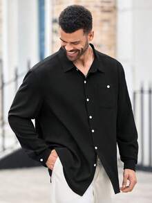 EASEVO Plus Size Men's Casual Solid Color Long Sleeve Shirt, Fall - Black - View 4