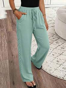 EMERY ROSE Women Straight High Waist Tie-Up Casual Pants With Side Ruffle Trim Fall Cloth For Women - Lime Green - View 1