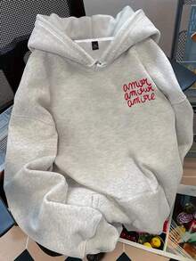 Flirla 大码女式“more”字母印花热销抽绳卫衣 - 灰色 - 查看 2