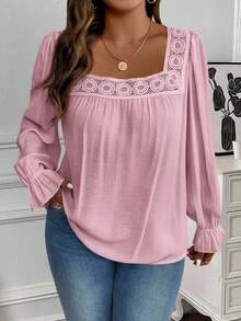 EMERY ROSE Plus Size Women's Casual Solid Color Square Collar Long Sleeve Shirt - Pink - View 5