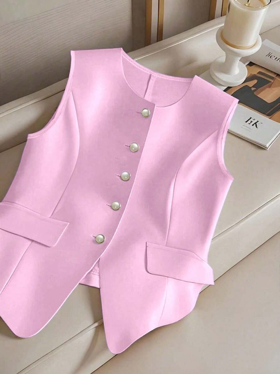 Franclia 时尚日常百搭无袖单排扣束腰仿口袋女式衬衫 - 粉色 - 查看 1