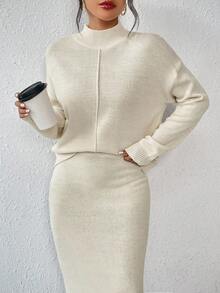 SHEIN Conjunto de 2 piezas de vestido de punto de unicolor casual para mujer - Albaricoque - Ver 6