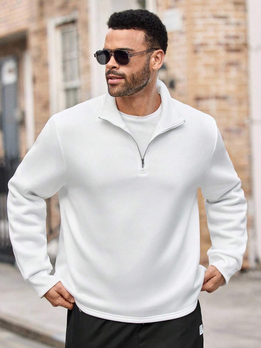 EASEVO Men's Plus Size Fashion Casual Solid Color Half Zip Pullover Sweatshirt, Fall, Winter, Long Sleeve Top - White - View 1