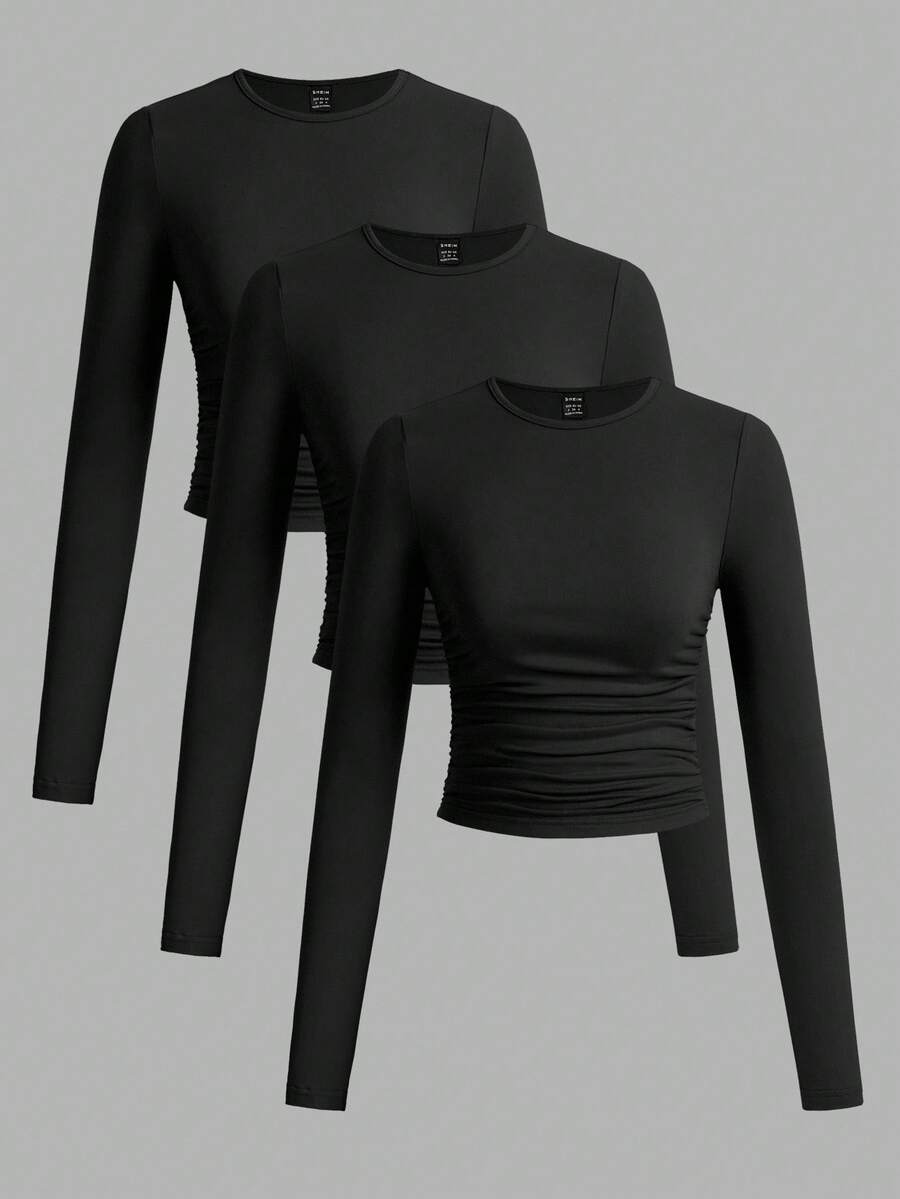 SHEIN EZwear 3件套女士休闲纯色圆领褶皱长袖T恤，秋冬 - 黑色 - 查看 1