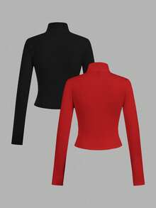 SHEIN EZwear 2 件红黑针织拉链长袖 T 恤，适合秋冬季 - 彩色 - 查看 2