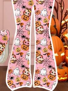 Set de 2 piezas de camiseta de manga corta de cuello redondo y pantalones acampanados con estampados casuales de calabaza, fantasma, telaraña, murciélago, calavera y animal, diseños lindos de dibujos animados para niñas, ropa de otoño adecuada para salidas, fotografía callejera, hogar, fiesta de Halloween, fiesta de animales - Multicolor - Ver 4