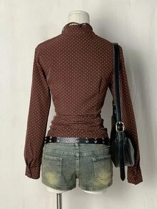 EgrlEra 女式圆点花纹荷叶边下摆短袖衬衫 - 黑色 - 查看 2