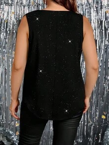 Femmeverse 大码女式圆领亮片装饰休闲吊带背心 - 黑色 - 查看 2