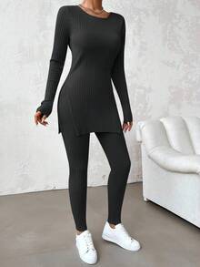 Cloudara Cotton Ladies' Solid Ribbed Round Neck T-Shirt With Side Slits On Hem And Skinny Pants Two Pieces Set - Dark Grey - View 5