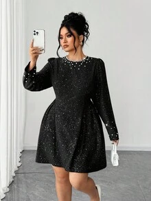 Elenzga Women's Pearl Embellished Metallic Long Sleeve Elegant Dress - Black - View 1