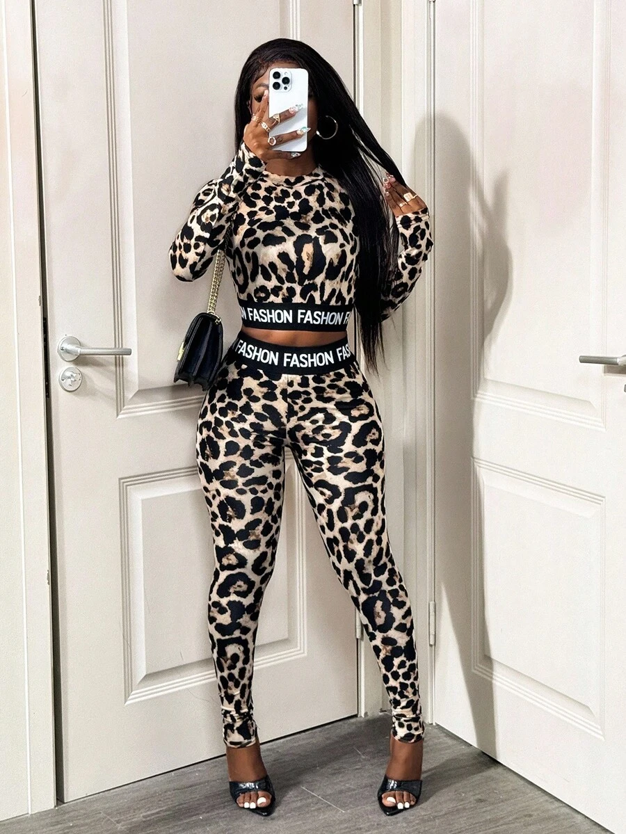 BamGleam Set 2 bucăți la modă, sexy, cu imprimeu leopard, text în engleză, cu talie elastică, pentru femei - imagine 5