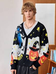 Manfinity Roghcode Men's Pumpkin & Letter Pattern Long Sleeve Single-Breasted Casual Knit Cardigan, For Halloween , Fall Winter - Multicolor - View 6