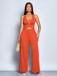 SOLERSUN Women's Elegant Solid Color Plunging Neck Criss Cross Cutout Backless Jumpsuits