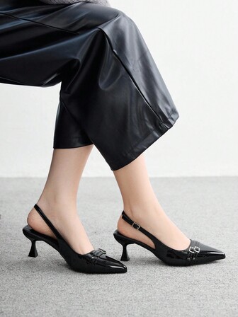 CUCCOO BIZCHIC Women's Pointed Toe Kitten Heel Black Backstrap Daily Versatile Commute High Heel Mule Shoes