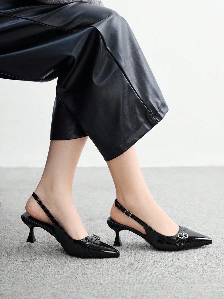 CUCCOO BIZCHIC Women's Pointed Toe Kitten Heel Black Backstrap Daily Versatile Commute High Heel Mule Shoes For Christmas Spring Shoes