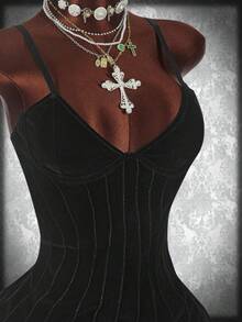 Y2K Amplova Women's Solid Color Toothpick Striped Design Fashionable Bodycon Cami Mini Dress Orange Dress - Black - View 4