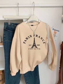 SHEIN EZwear Sweat-shirt-shirt ample à col rond imprimé de la Tour Eiffel, style minimaliste décontracté. Manches longues épaisses, convient pour l'automne/l'hiver - Nude - Voir 3
