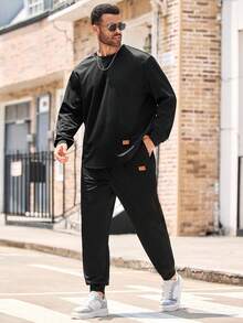 EASEVO Casual Loose Fit Round Neck T-Shirt And Pants Men Plus Size Set, Fall Clothes - Black - View 3