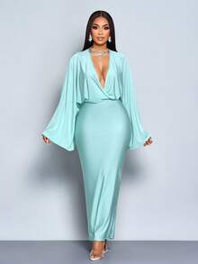 SOLERSUN Women's Elegant Mint Green Autumn Deep V Slim Long Dress, Loose Collar Fall Dresses For Parties,Dinner,Afternoon Tea,Daily Outings And Halloween - Green - View 3