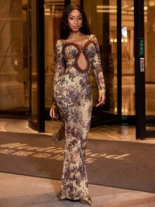 Lureya Combinaison femme à manches longues avec encolure ajourée, style vintage, imprimé dégradé personnalisé, sexy, jambes larges