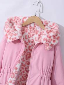 SHEIN 1pc Girls Reversible Leopard Print Fluffy Long Sleeve Windbreaker Jacket, Suitable For Autumn/Winter Fall - Pink - View 9