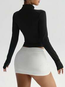Dewbera Dewbera Women's Solid Color Minimalist Long Sleeve Zip-Up Sports Jacket - Black - View 2