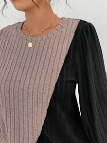 EMERY ROSE Plus Size Crew Neck Long Sleeve Soft Knit Ribbed Asymmetrical Patchwork Top & Straight Leg Pants 2 Pieces Set,Black,Autumn,Smart Casual,Vacation Fall - Multicolor - View 7