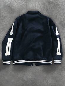 Manfinity EMRG 男士字母印花长袖单排扣休闲翻领夹克黑色运动夹克棒球夹克黑色。男士万圣节服装、Y2K、街头时尚、返校季、送给男朋友的礼物、秋季 - 藏蓝色 - 查看 2