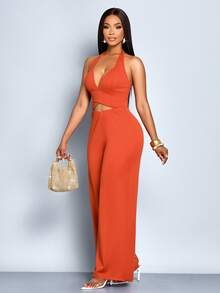 SOLERSUN Women's Elegant Solid Color Plunging Neck Criss Cross Cutout Backless Jumpsuits