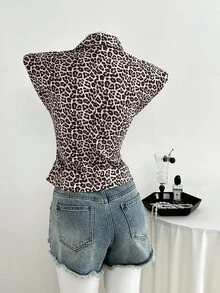 SHEIN Unity Women's Autumn/Winter Leopard Print Single-Breasted Deep V-Neck Fitted Vest Leopard Print Top - Multicolor - View 2