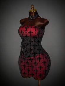 Amplova Y2K Amplova Cross Plus Size Sexy Fashion Bandeau Top And Mini Skirt 2 Pieces Set Halloween Dress Demon Dress Criss Cross Dress