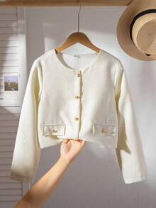 SHEIN Sparklyn 少女优雅通勤圆领外套，秋冬季 - 白色 - 查看 3