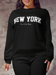 Slaydiva Plus Size Casual Minimalist New York English Print Pattern Loose Fit Thick Crew Neck Long Sleeve Sweatshirt, Suitable For Autumn & Winter - Black - View 1