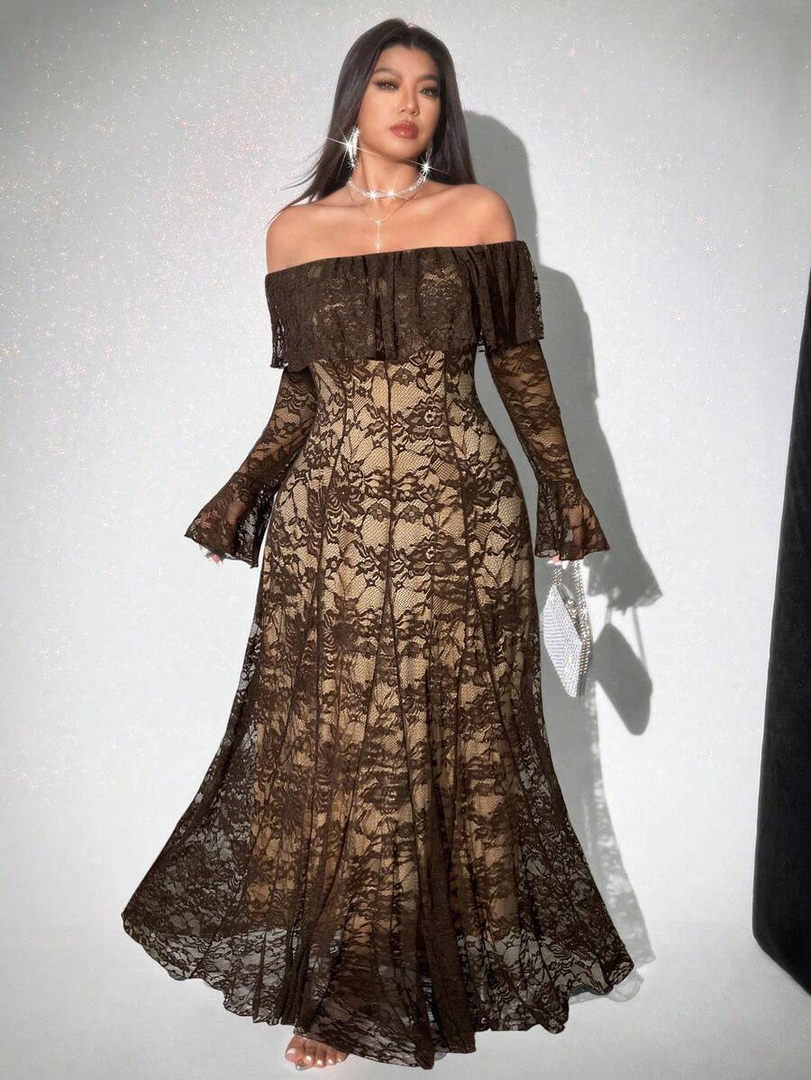 Viva Relle Plus Size Lace Fitted Off Shoulder Ruffle Hem Dress - Coffee Brown - View 1